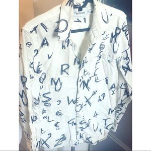 TopMan Letters Button Up Top Sz XXS Collared Shirt Black and Off White